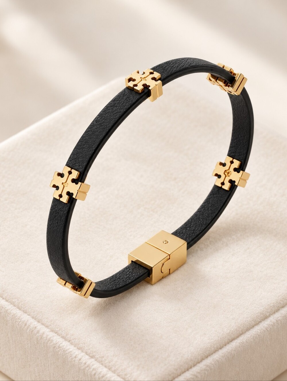 Tory Burch Black Leather Bracelet with Gold Logo Accents